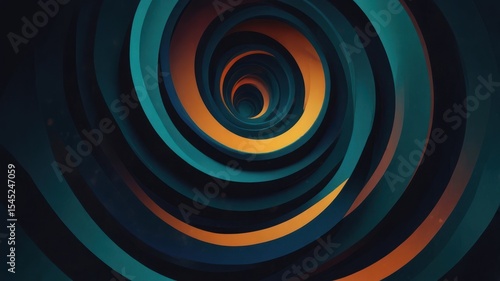 Fototapeta Naklejka Na Ścianę i Meble -  Abstract spiral vortex of teal and orange concentric rings, dark background