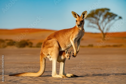 Mother kangaroo with joey in pouch standing in australian outback with desert landscape and blue sky during the day