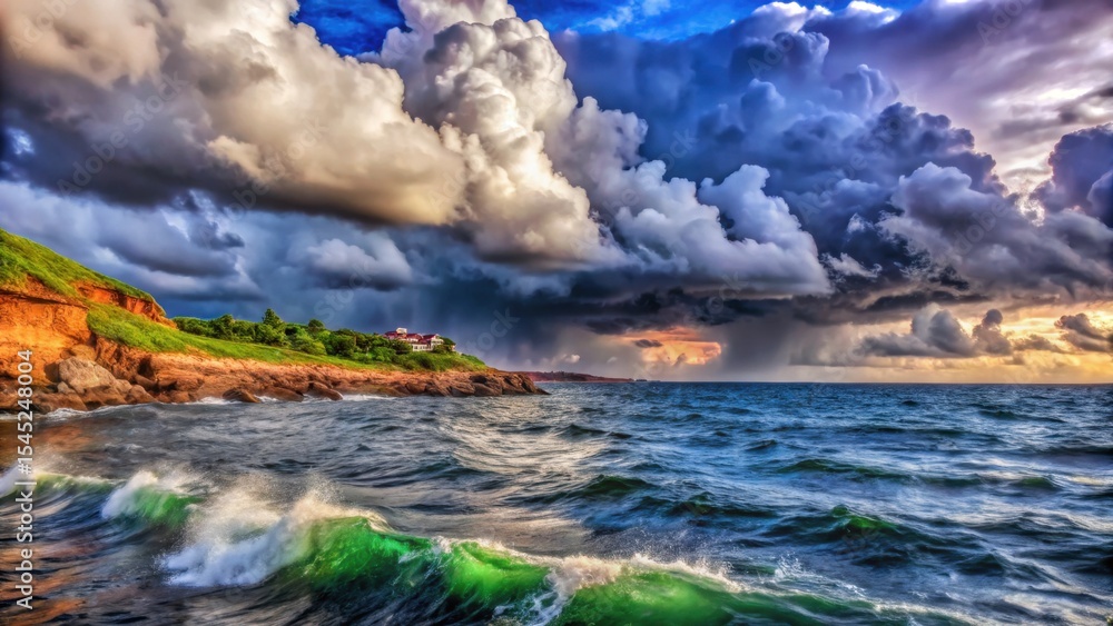Fototapeta premium Dramatic seascape with turbulent waves under stormy clouds
