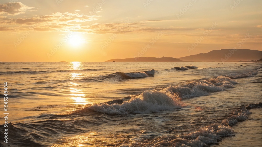 Obraz premium Sunset over ocean waves at beach during golden hour 