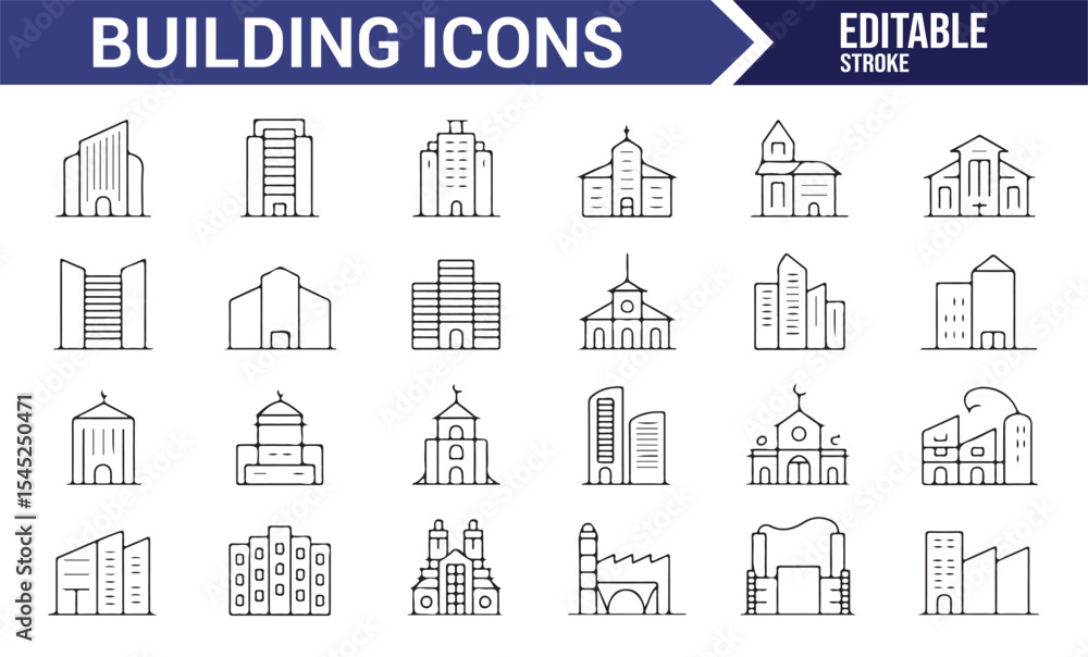 Fototapeta premium Various Building, Skyscraper, and Church Icons Collection