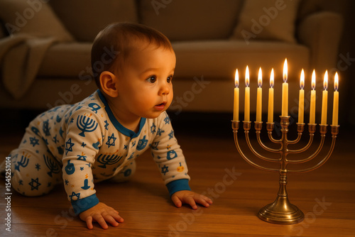 Baby mesmerized by menorah.