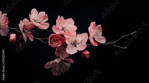 Delicate Cherry Blossom Branch with Pink Flowers on Dark Background