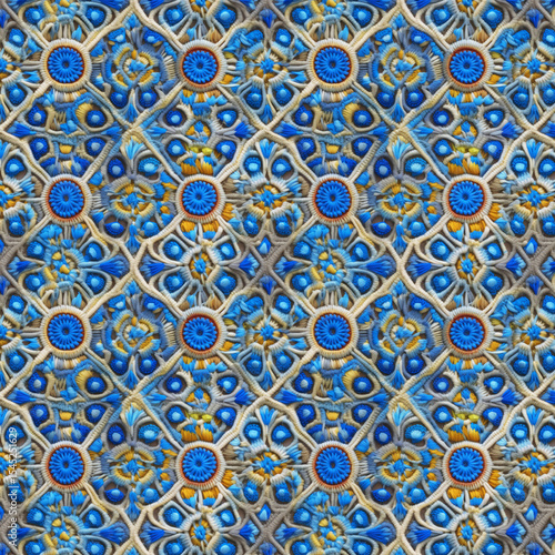 Intricate Blue and Yellow Crocheted Textile with Geometric Patterns