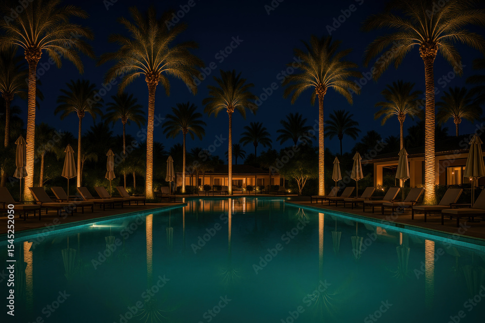 Fototapeta premium Palm trees reflecting in a lit pool.