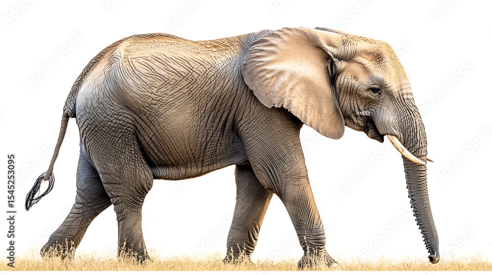 Fototapeta premium Massive African elephant with detailed skin and visible tusks strides across yellow grass