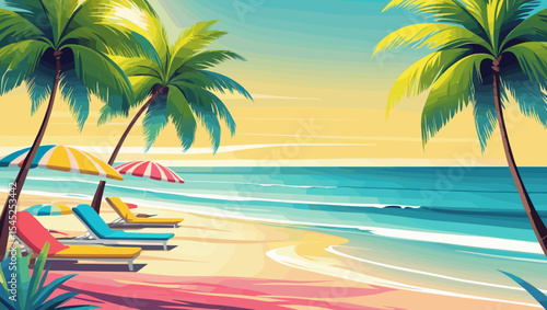 Tropical beach scene with palm trees, sun loungers, and colorful umbrellas, serene atmosphere
