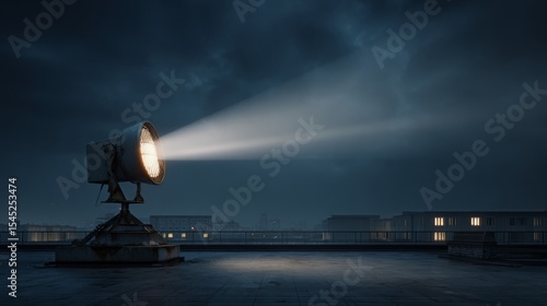 Spotlight beam on Rooftop: A powerful spotlight cuts through the hazy night, illuminating the sky with a focused beam of light from a rooftop setting, revealing the architecture beneath.