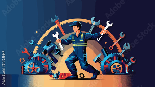 Mechanic in overalls holding wrenches surrounded by gears and tools, dynamic composition