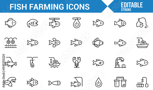 Various Fish Farming Icons - Aquaculture and Seafood Production