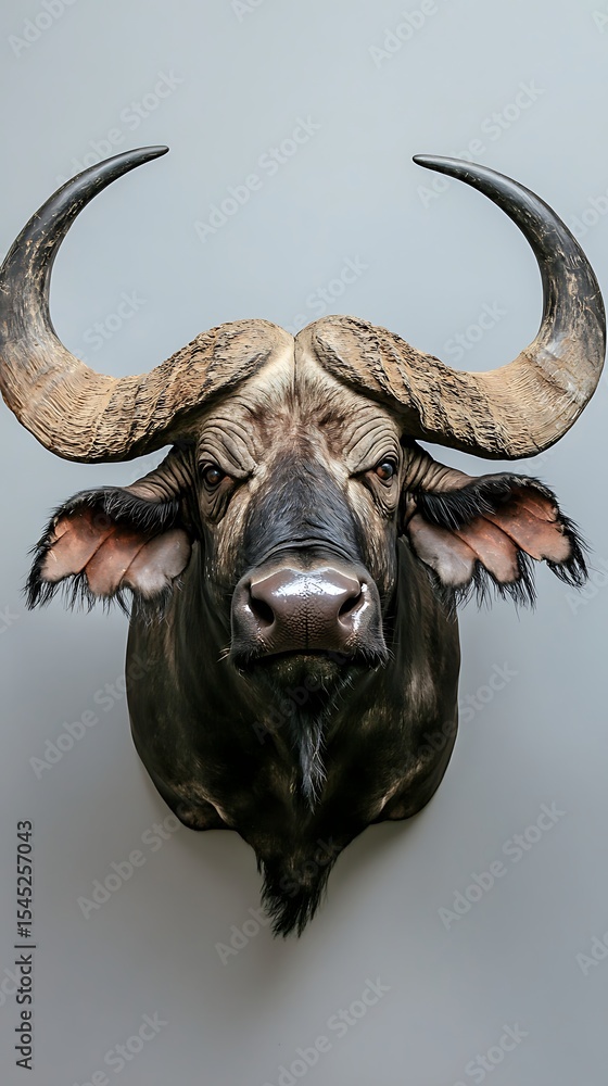 Naklejka premium Striking portrait depicts a cape buffalo with impressive horns and a menacing stare