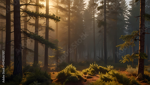 Breathtaking Sunrise Over a Misty Pine Forest