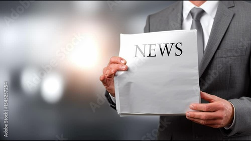 A seamless looping video shows a businessman holding a folded newspaper with the word 