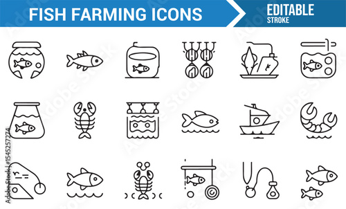 Icons of Marine Life, Fish Farming, and Aquatic Symbols