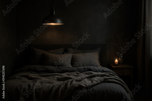 Dark blanket covering a bed beside a lamp.