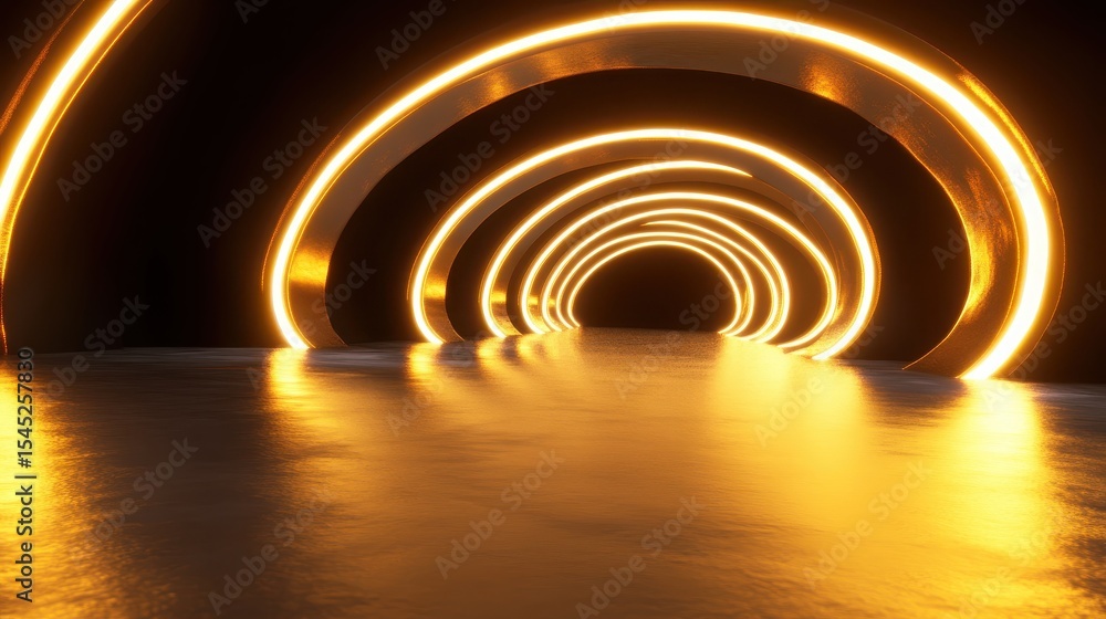 Naklejka premium Abstract tunnel design with glowing circular lights and reflections
