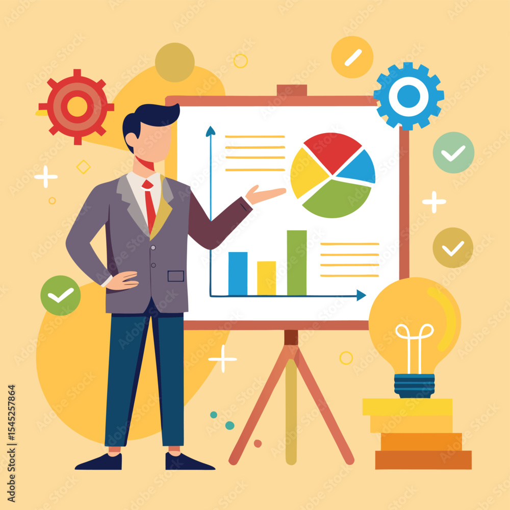 Fototapeta premium Businessman Presenting Data Charts and Graphs on Whiteboard