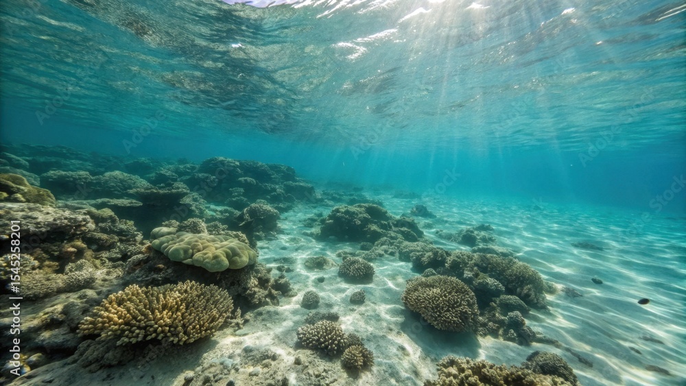 Fototapeta premium Coral reef underwater scene with sunlight filtering through water 