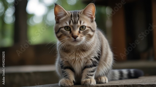 Cute tabby kitten, outdoors, focused