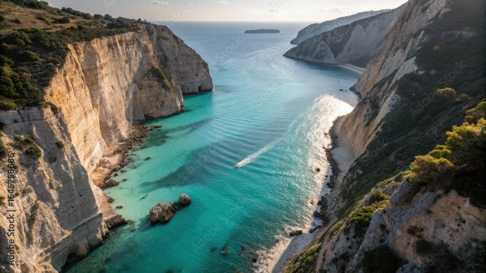 Aerial view of turquoise sea cove with cliffs and boat Aerial view of turquoise sea cove with cliffs and boat
