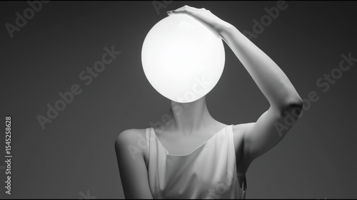 A seamless looping video shows a female given the visible collarbone and arm shape, whose head is completely obscured by a bright sphere. The enigmatic, artistic and themes of identity anonymity.