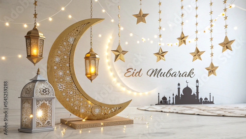 Eid Mubarak greeting with moon and lanterns on elegant background representing Islamic festival celebration