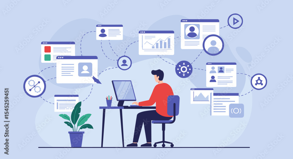 Flat Vector Of A digital illustration depicting a person sitting at a desk in front of a computer Flat Vector Of A digital illustration depicting a person sitting at a desk in front of a computer