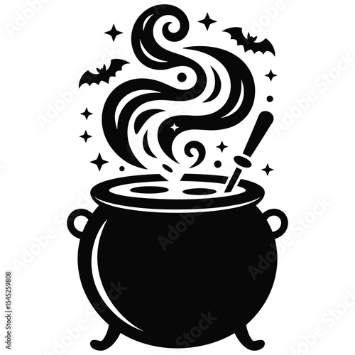 Witch's cauldron silhouette with bubbling potion and magical smoke for spooky halloween theme