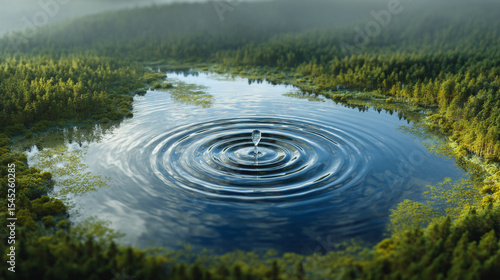 Aerial view of a forest lake with a water droplet creating ripples on the surface of the water