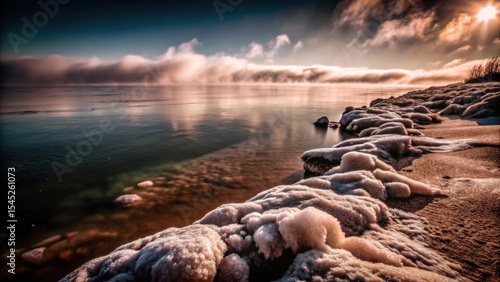 Winter beach landscape with icy stones and calm water at sunset  