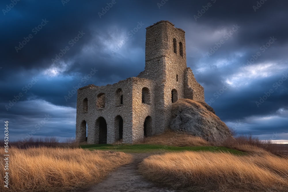 Historic stone ruins stand against a dramatic sky in an open landscape at dusk Historic stone ruins stand against a dramatic sky in an open landscape at dusk
