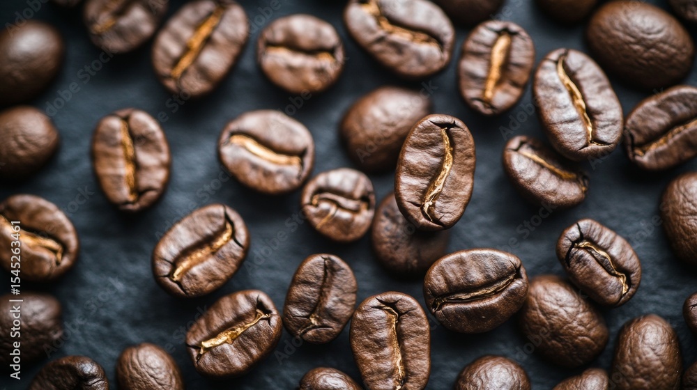 Obraz premium Closeup coffee beans on dark background roasted texture caffeine aroma food drink energy concept