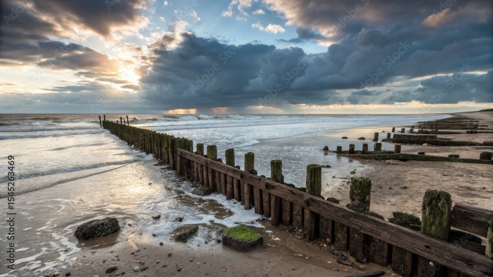 Fototapeta premium Coastal wooden jetty extending into tranquil sea with dramatic clouds 