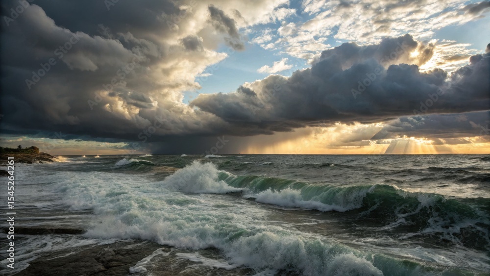 Fototapeta premium Dramatic ocean waves crashing under stormy clouds at sunset 