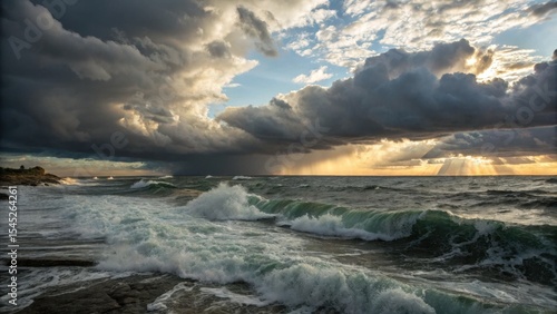 Dramatic ocean waves crashing under stormy clouds at sunset  