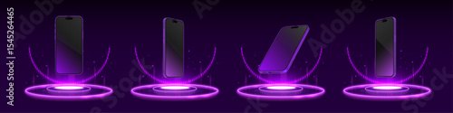 Futuristic Smartphone Technology Mockup – Floating Mobile Device Emitting Radiant Purple Light on Digital Stage, Vector Illustration