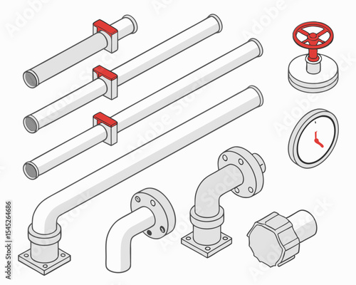 Industrial pipeline system showing isometric water gas and oil pipes with steel valve connection vector set.