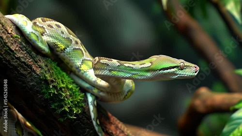 Reticulated Python Resting on Mossy Tree Branch in the Forest