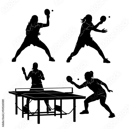 Silhouette illustrations of female ping pong players in various action poses on a white background