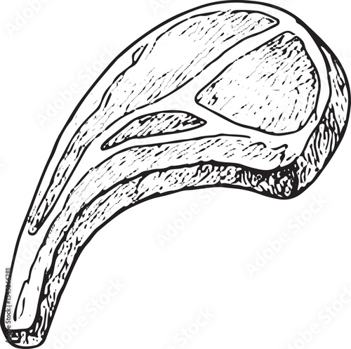 A hand-drawn black-and-white sketch of a juicy beef steak, featuring detailed muscle texture, ideal for butcher shop ads, meat recipes, or culinary art prints