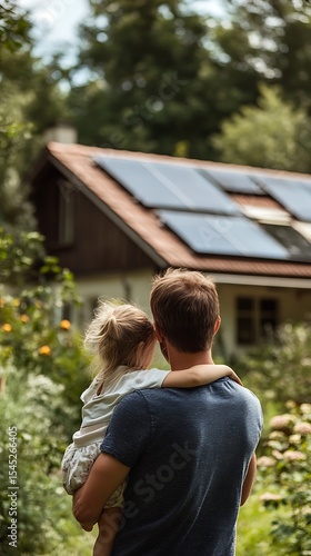 Dad holds his young daughter watching their home with solar panels on the roof