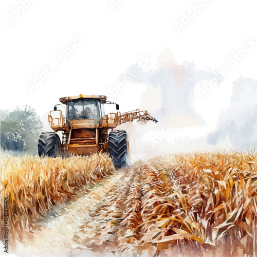watercolor of Foggy Morning Harvest Scene, vector, isolated on a white background.