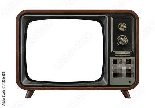 Front View of a Classic 1970s Television with Copy Space. Cut Out, Clipping Path on Transparent Background.