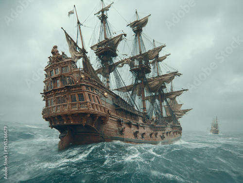 large, ornate ship sailing through choppy waters under a cloudy sky. The ship has multiple sails and intricate details, suggesting it is from a historical or fantasy setting.