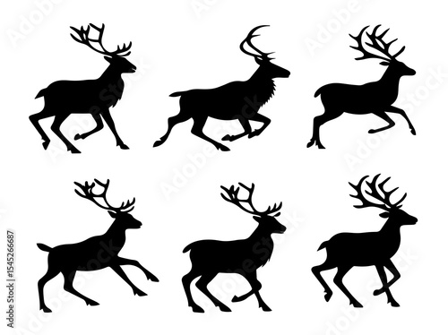 Silhouette of Running Reindeer Set on White Background for Christmas Designs