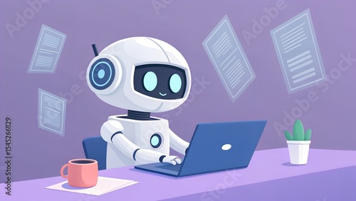 Cute robot creating a digital newsletter with holographic headlines, on a solid pastel purple background.
