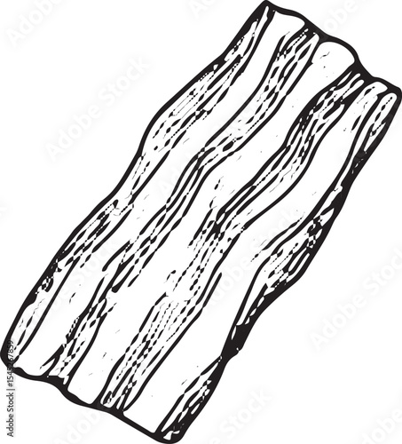 A detailed black-and-white sketch of raw bacon strips, showcasing layered fat and meat, perfect for breakfast menus, pork recipes, or food packaging designs