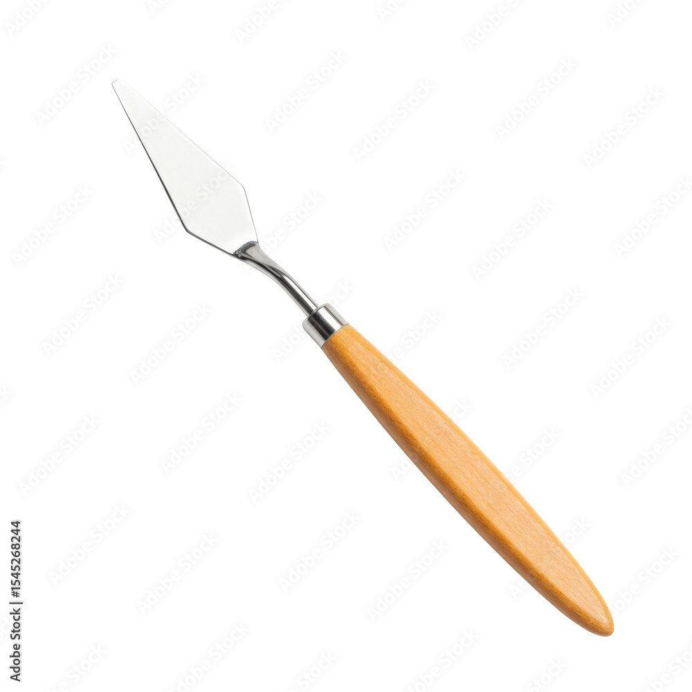 A pristine, new art palette knife with a highly polished stainless steel blade and ergonomic wooden handle, isolated on a seamless transparent background with bright, shadowless lighting, showcasing A pristine, new art palette knife with a highly polished stainless steel blade and ergonomic wooden handle, isolated on a seamless transparent background with bright, shadowless lighting, showcasing