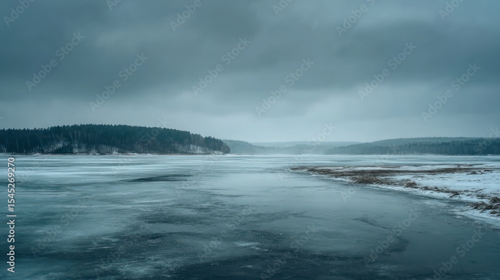 Fototapeta premium Frozen river landscape winter scene