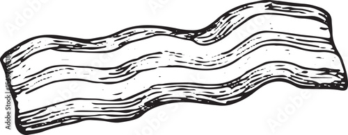 A detailed black-and-white sketch of raw bacon strips, showcasing layered fat and meat, perfect for breakfast menus, pork recipes, or food packaging designs